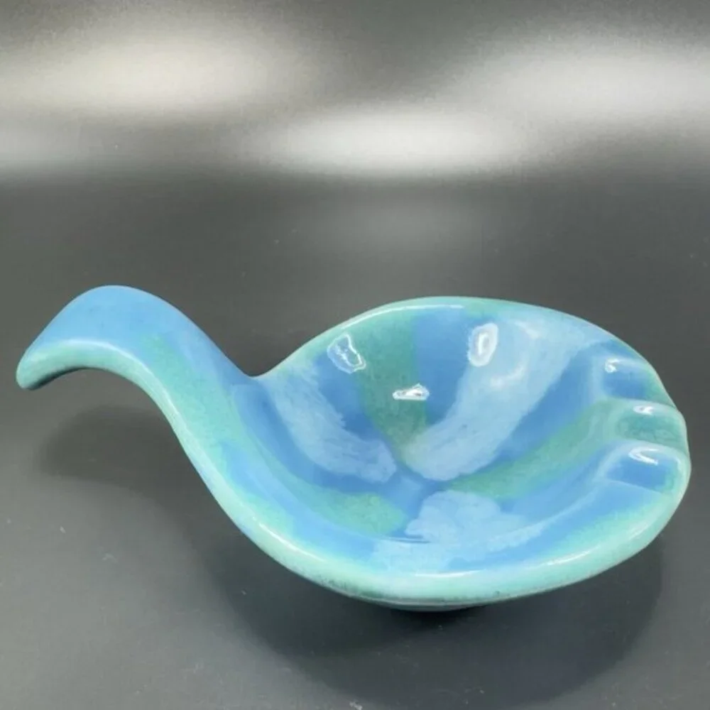 Vintage Dryden Pottery Ashtray Dish Blue Glazed Signed Spoon Shaped‎ Decor VTG